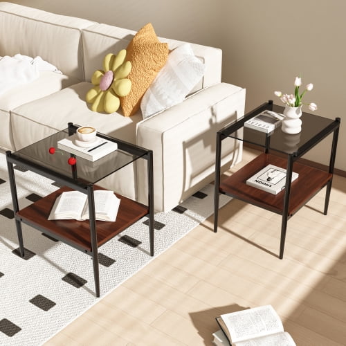 MOONMISS 2 Pack Rectangle End Table, Tempered Glass Top Side Table with MDF Frame, Modern Transparent Glass Accent Table for Living Room, Bedroom, Home Decor, Brown/Black