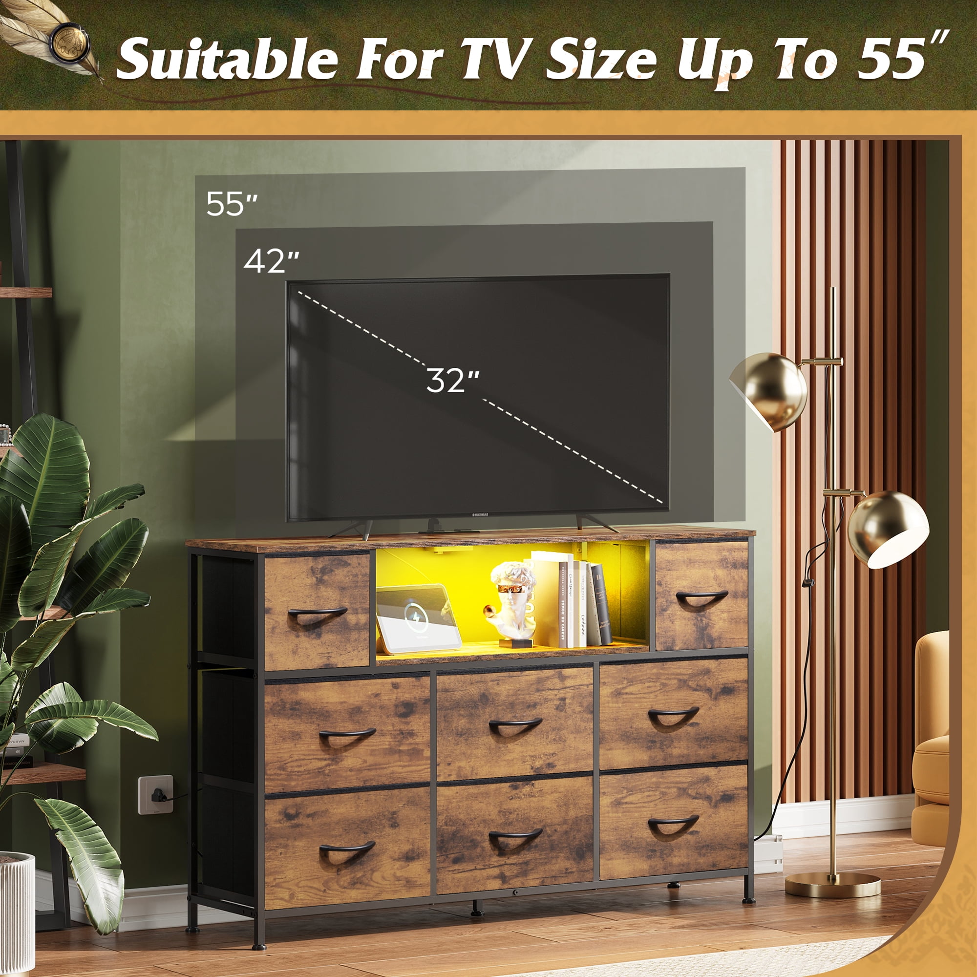 GALAXHERO 8-Drawer Large Dressers for Bedroom, TV Stand for 55'' TV with Charging Station and LED Lights, Rustic Brown Wood Grain Print