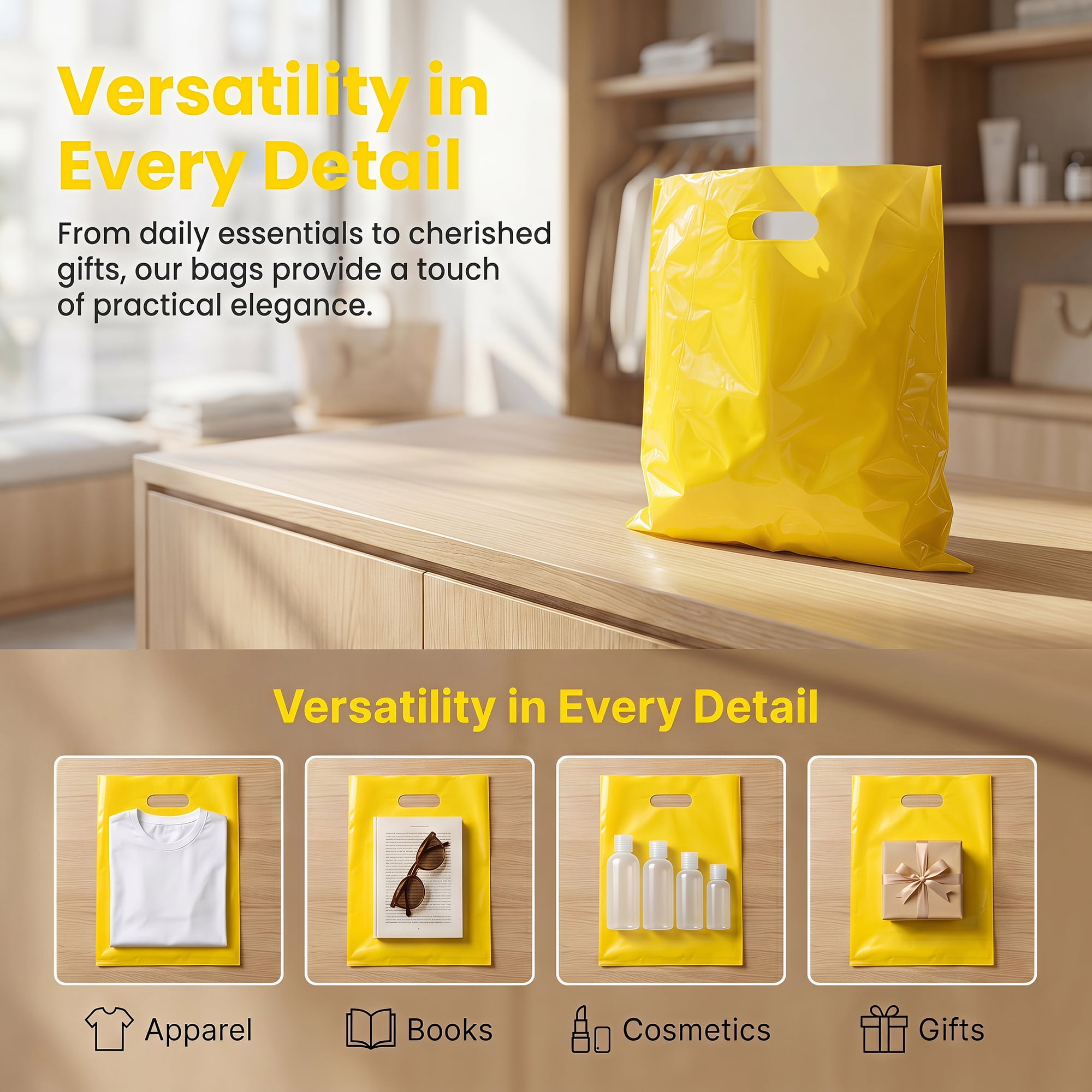 Unique Bargains 50Pcs Premium Waterproof Gift Bags Yellow 9.8" x 13.8"