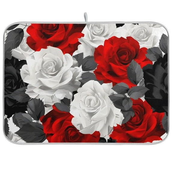 Red Grey Roses Flowers Dish Drying Mat Dish Drainer Rack Mats Water Absorbent Non-Slip Easy Clean Heat Resistant for Kitchen Counter