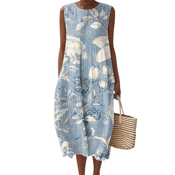 Puliio Summer Dresses for Women Sleeveless Round Neck Floral Print Loose Midi Casual Dress