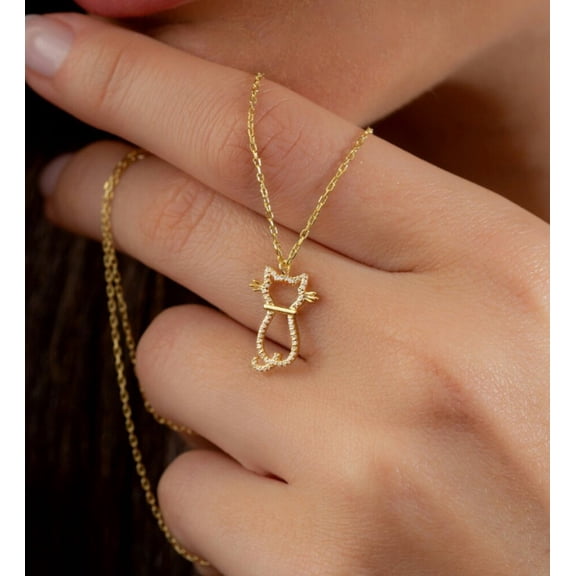 NST EXPORTS 14K Solid Yellow Gold Diamond Cat Necklace Dainty Gold Charm Necklace Cat Lover.