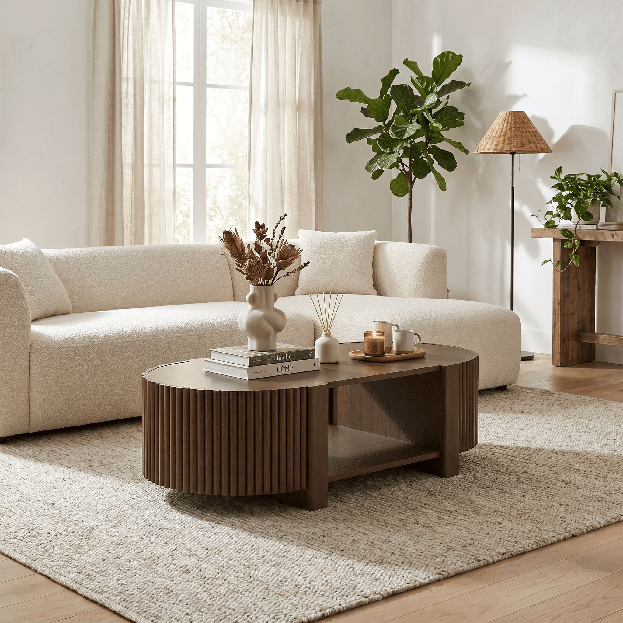 Homy Casa 47" Fluted Coffee Table with Side Storage Cabinets for Living Room Walnut Brown