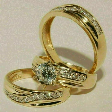 Bridal Ring Set, Solitaire Simulated Diamond Wedding Ring Set 14K Yellow Gold Plated Silver Wedding Trio Ring Set