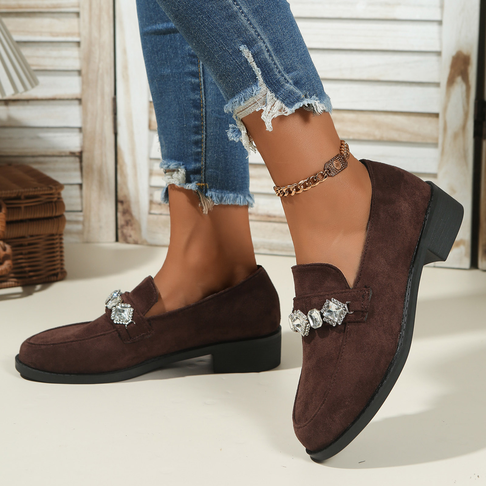 Suede Loafers for Women Comfortable Slip On Glitter Rhinestone Dress Shoes Block Low Heel Non Slip Fall Shoes Brown Size 7.5