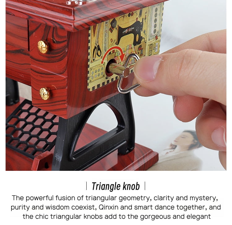 Retro Mini Sewing Machine Music Box - Hand-Wound (No Battery), Drawer-Activated Melody & Moving Parts (Pedal/Needle/Wheel)