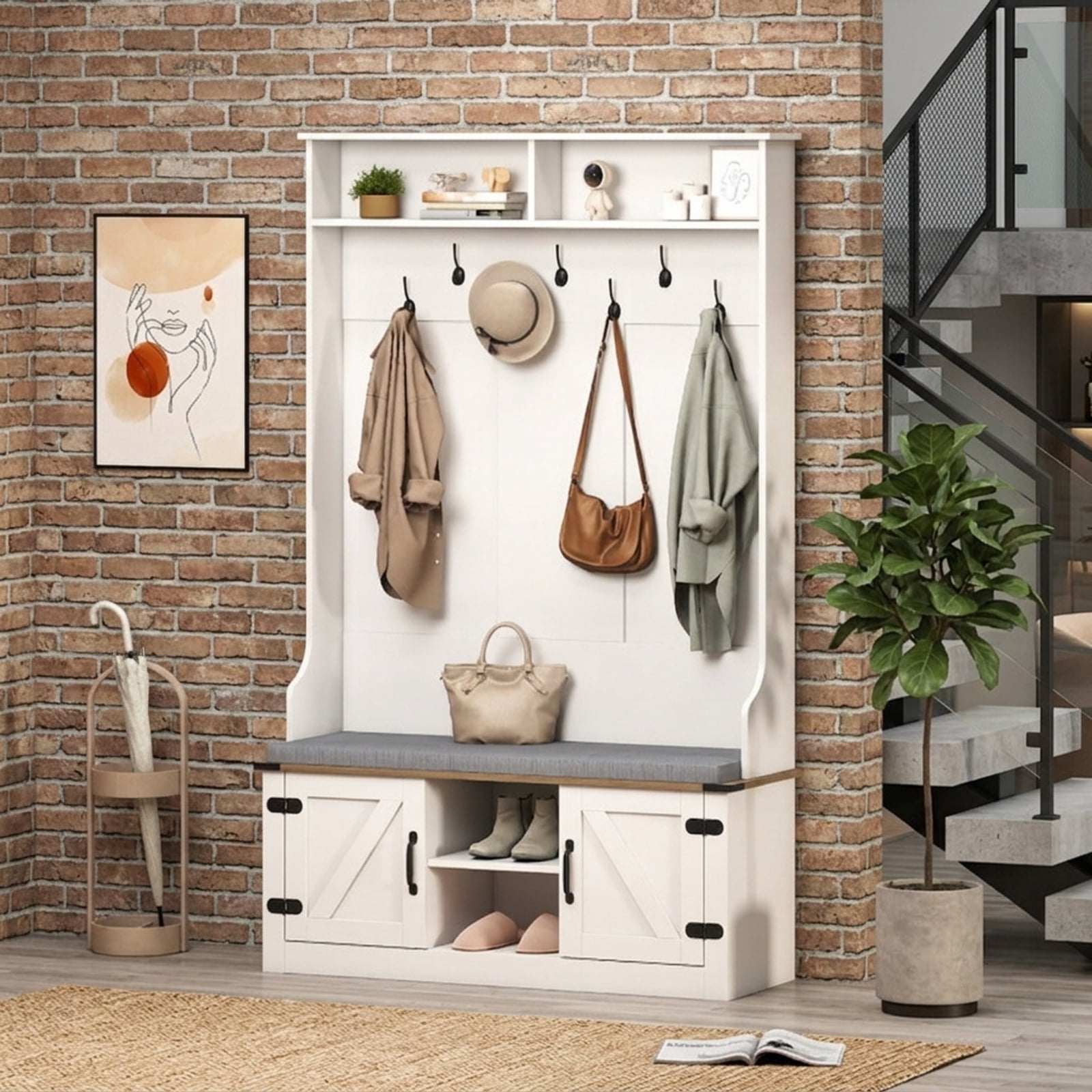 Furnibear 4-in-1 68.5 Inch Freestanding Hall Tree Coat and Hat Rack with 7 Metal Hooks Cushioned Storage Bench and Shoe Cabinet for Entryway, White