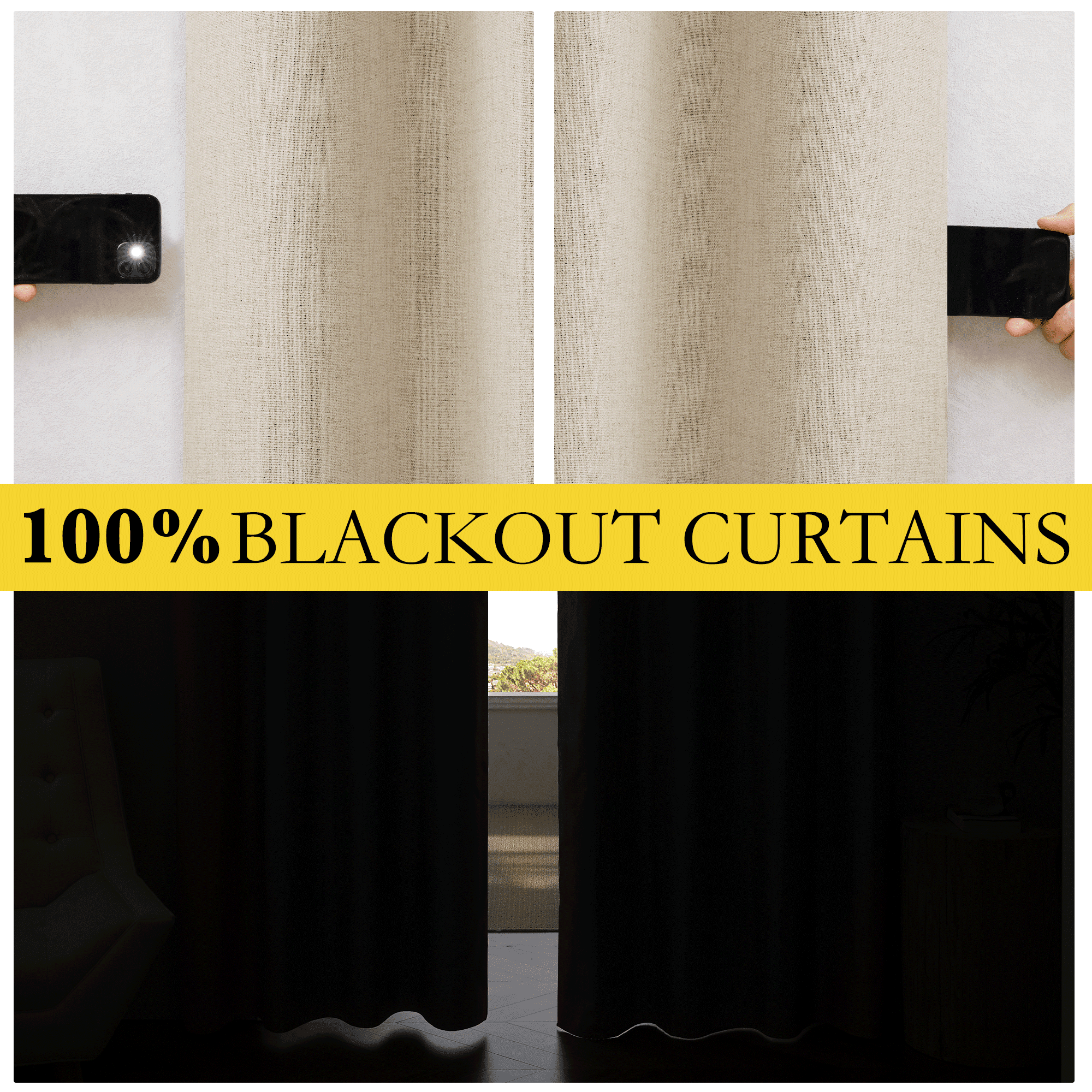 NICETOWN 100% Blackout Curtains 84 inches Long, Full Blackout Linen Curtains Thermal Insulated Noise Reduce Grommet Drapes for Bedroom Living Room, Cream, 2 Panels