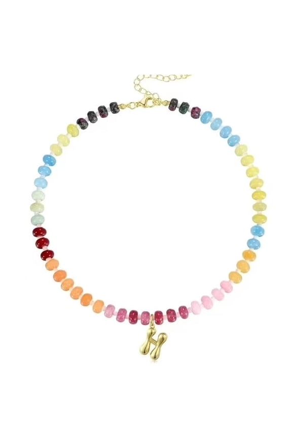 Women's Initials Necklace, Colorful Beaded Gemstone Bubble Letter Pendant Necklace Natural Stone Summer Beach Handmade Gifts