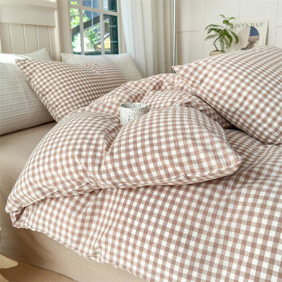 2 Pieces Khaki Gingham Duvet Cover 100% Washed Cotton Plaid Checkered Twin Duvet Cover Set Modern Grid Bedding Set with Zipper Closure Corner Ties