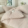 thumbnail image 3 of 3 Pieces Khaki Gingham Duvet Cover 100% Washed Cotton Plaid Checkered Queen Duvet Cover Set Modern Grid Bedding Set with Zipper Closure Corner Ties, 3 of 5