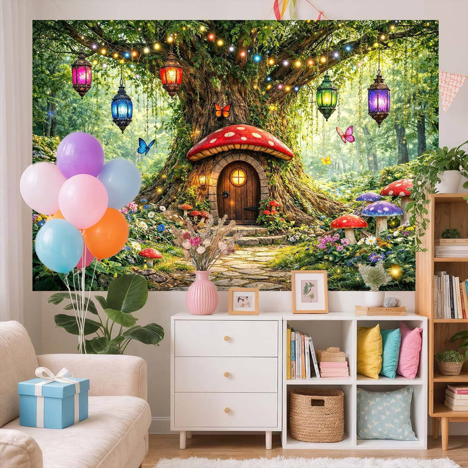 Enchanted Forest Mushroom House Photography Backdrop, Magical Fairy Tree Lantern Butterfly Realistic Background for Kids Birthday Party Baby Shower Photo Booth Decorations Banner, 10x8ft