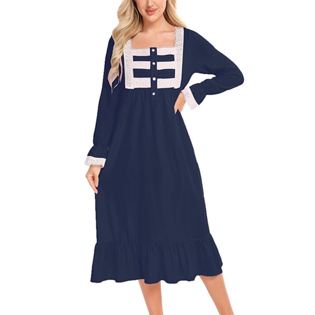Robes pour Femmes 2023 Robes d'Été Robe Décontractée à Manches Longues Col Carré Mi-Mollet Tenue de Maison