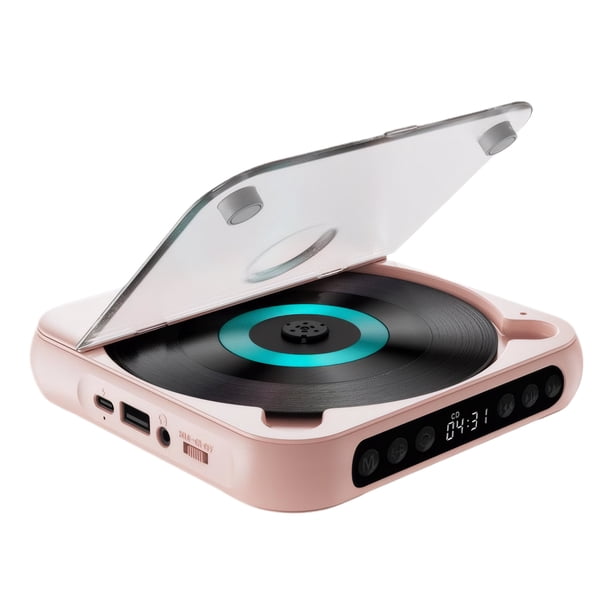 Injueey Reproductor de CD portátil con auriculares, pequeño y portátil, disfrute de la música en cualquier momento y en cualquier lugar, Cables de audio/vídeo rosa