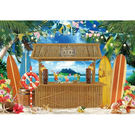 Image of 7x5ft Durable Polyester Summer Tiki Bar Backdrop - Hawaii Aloha Luau Tropical Luau Palm Floral Background for Party and Birthday Events