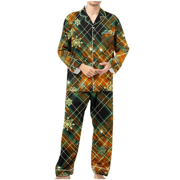 uublik Men Pajamas Sets Long Sleeve Pajamas for Men Lounge Plaid Pjs Set with Pockets, Orange