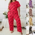 thumbnail image 6 of 2 Piece Plus Size Women's Heart Print Pajama Set Crewneck Short Sleeve Top & Straight Leg Pants Fall Casual Sleep Night Loungewear, 6 of 6