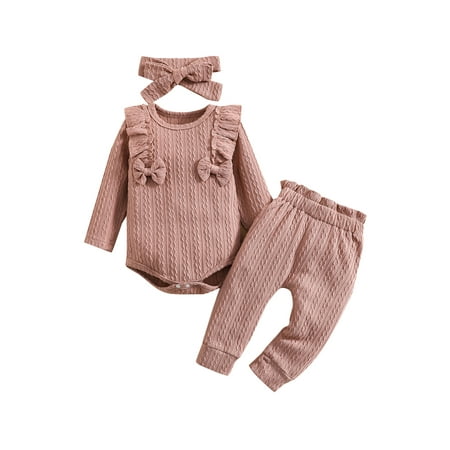 

xkwyshop 3PCS Newborn Baby Girl Outfits Infant Long Sleeve Ruffle Tops Romper Bodysuit and Pants Clothes with Headband Pink