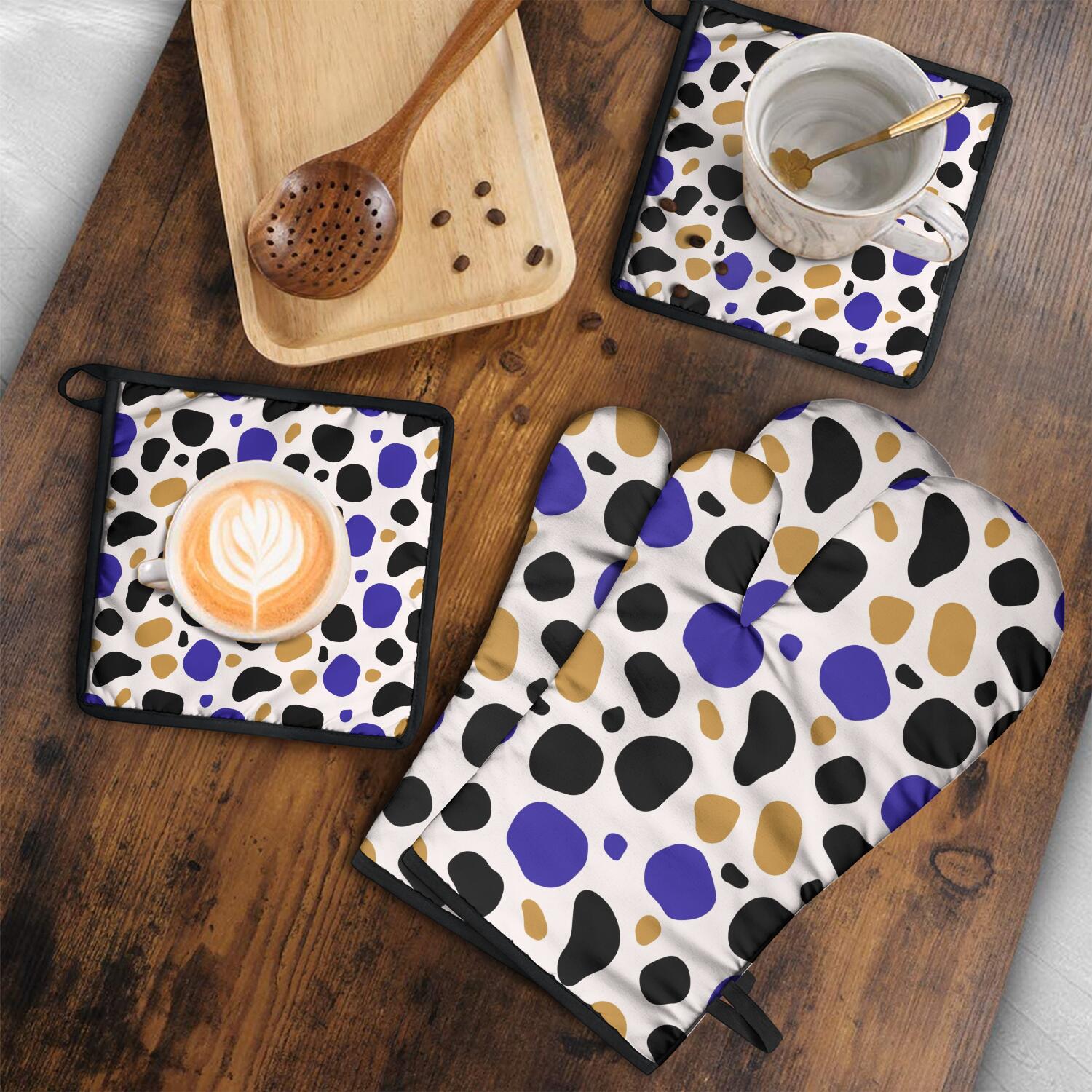 Leopard Print Oven Mitts and Pot Holders Set Of 4, Heat Resistant Kitchen Gloves with Non-Slip Grip, Hanging Loop, Soft Cotton Lining for Baking, Cooking, Grilling, Barbecue