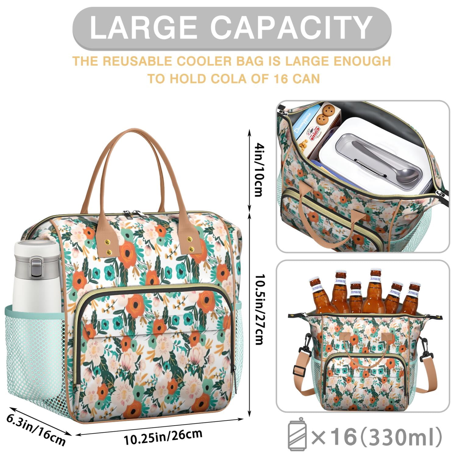 Pioneer Flower Floral Print Pattern Womens Lunch Box for Work,Insulated Large Lunch Bag for Tween and Teen,Loncheras Para Mujer,Leakproof Adult Lunch Bag for Work,Beach,Travel,Picnic,Camping