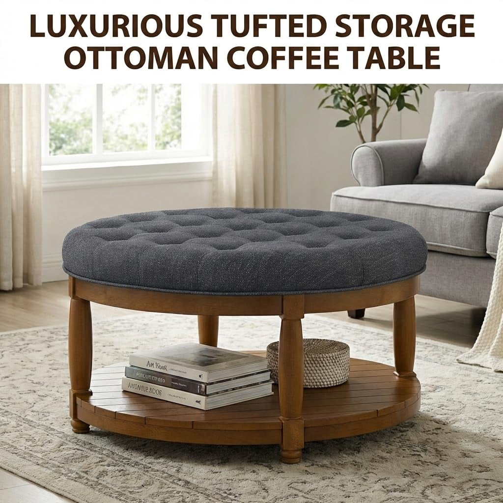 ODUWA Coffee Table Ottoman with Storage Shelf, Tufted Upholstered Footrest Stool, Solid Wood Base Accent Table for Living Room
