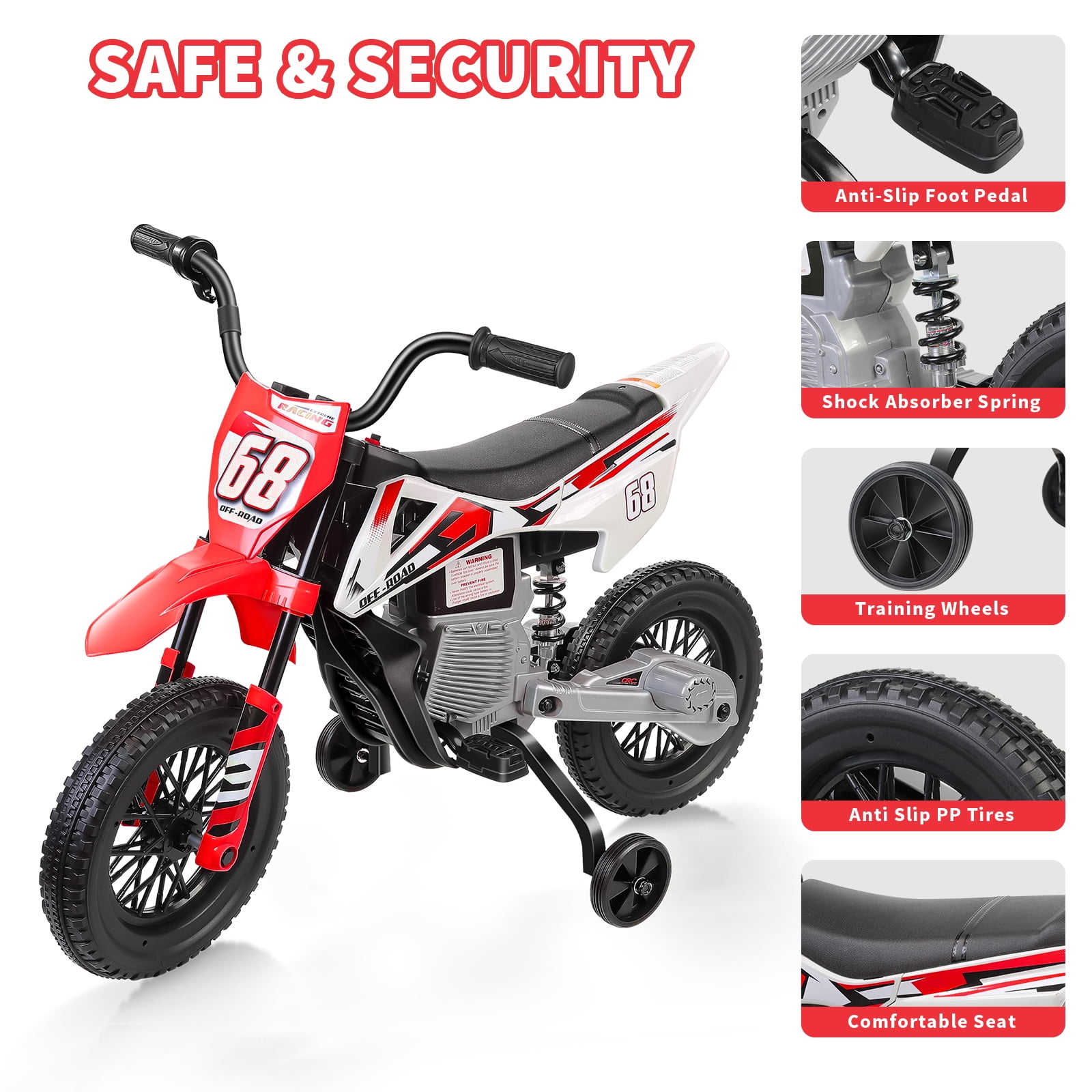 Funcid 12V Electric Dirt Bike with Twist Grip Throttle, Ride on Motorcycle with 2 Training Wheels, Suitable for Ages 3-8, Bluetooth, MP3, Dual Motors, Spring Suspension