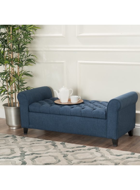 Noble House Amanda Dark Blue Fabric Armed Storage Bench