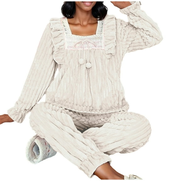 Tnhcen Women's Winter Flannel Pajama Set Double-Sided Fleece Sleepwear Princess-Style Lounge Set Long Sleeve Square Neck Top & Pants Soft Warm Thermal Pajamas M-2XL