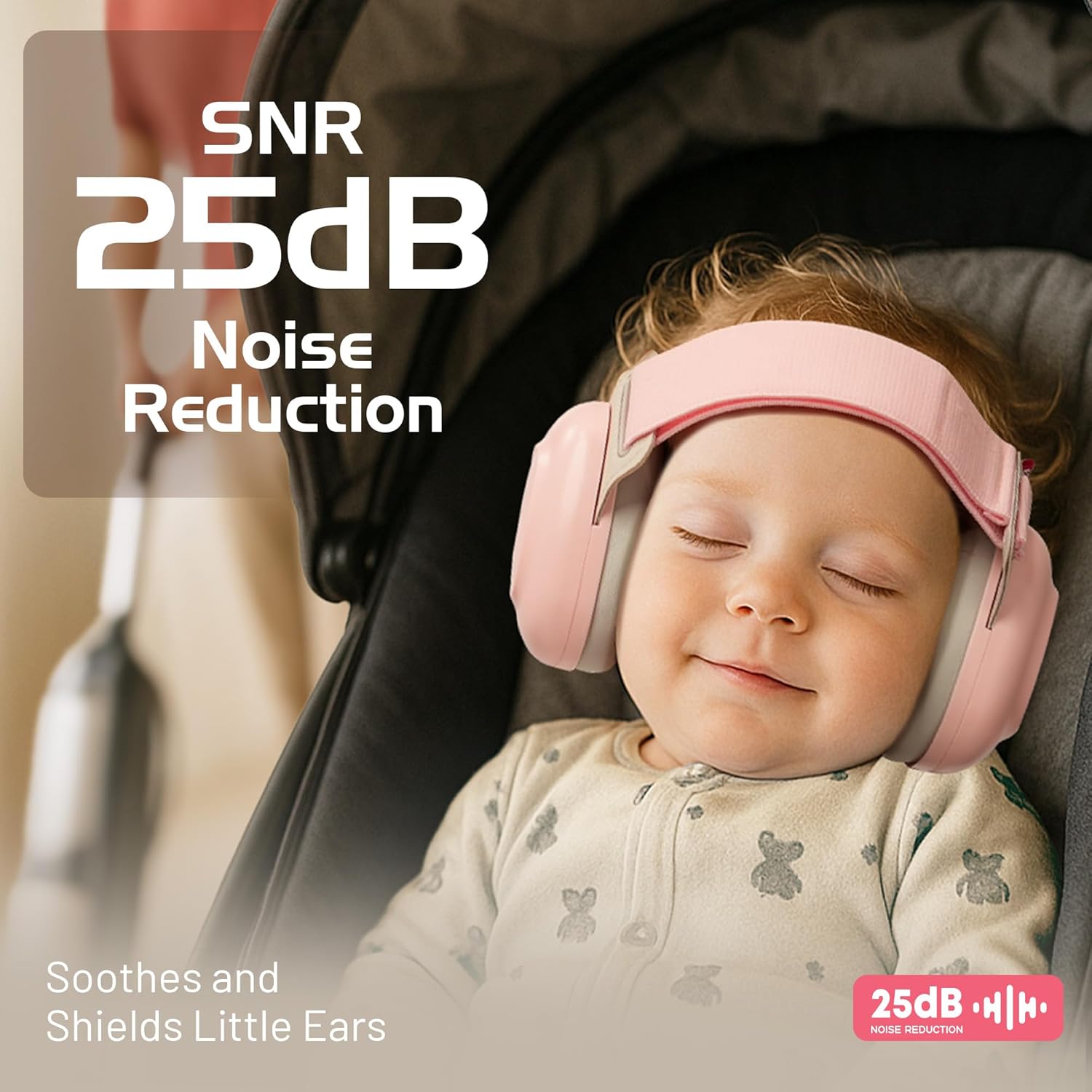 Wiher Baby Ear Muffs for Noise Protection (3–48 Months), 25dB Noise Cancelling Headphones for Travel, Airplanes, Concerts – CE & CPC Certified Hearing Protection & Improves Sleep,Pink