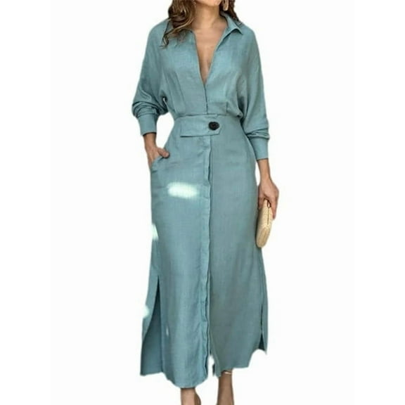 Women Autumn Casual Lapel Split Wrinkle-Free Long Maxi Vacation Dress with Pockets Sky Blue S