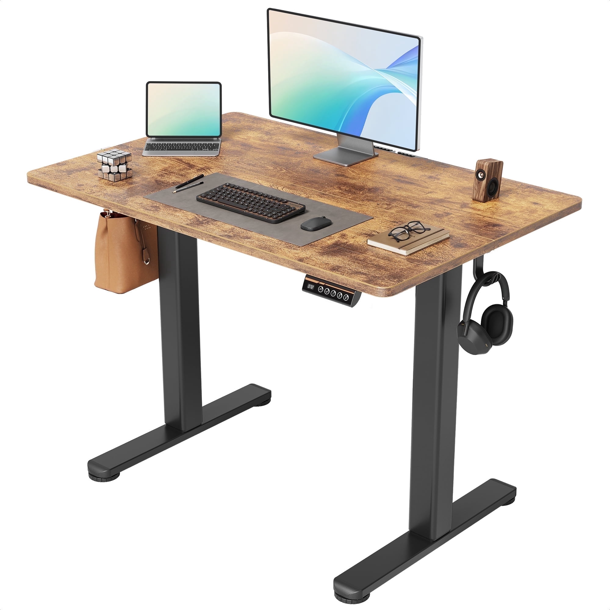 INNOVAR Electric Standing Desk, Adjustable Height Stand up Desk, 40x24 inches Sit to Stand Home Office Desk with Splice Board, Black Frame/Rustic Brown Top