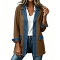 thumbnail image 2 of TGSLY Denim Patchwork Jacket for Women Notched Lapel Long Sleeve Ribbed Knit Blazer Dressy Casual Solid Color Single Breasted Button Coat with Pockets S, 2 of 9