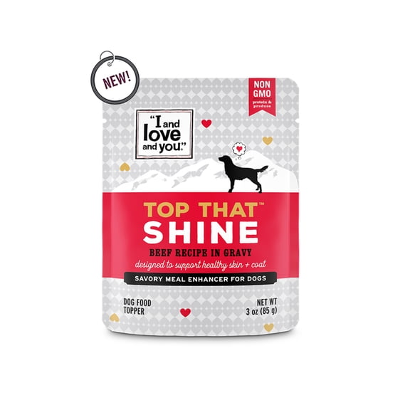 "I and love and you" Top That Wet Dog Food Toppers, Shine Formula with Beef, Omegas 3 and 6 for Healthy Skin and Coat, Grain Free, No Fillers, 3oz Pouches, Pack of 12 Pouches