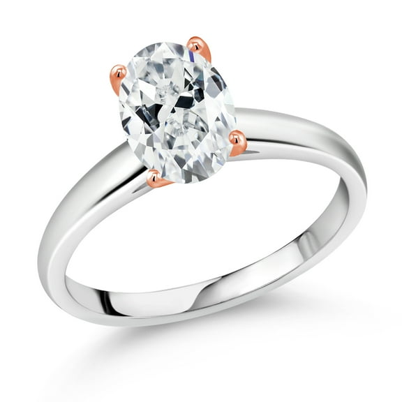 Gem Stone King 925 Silver and 10K Rose Gold Ring Solitaire Ring Set with Oval 9x7mm White Zirconia (Size 6)