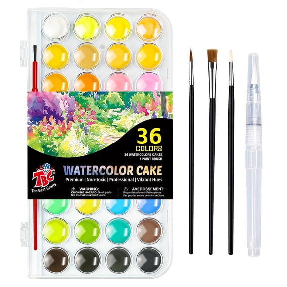 TBC The Best Crafts 36 Colors Portable Watercolor Paint Set with Brush & Mixing Palette, High Pigment Quick Dry Non-Toxic Travel Art Kit for Adult Painting & DIY Craft Projects