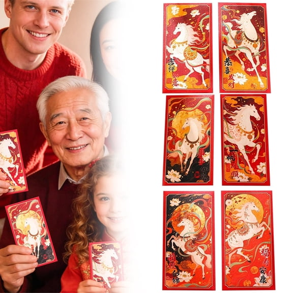 6 Pcs 2026 Year of the Horse Red Envelopes, chinese new year red envelopes, White Horse with Chinese Blessings, Large Lucky Money Envelopes for Lunar New Year, Spring Festival Gifts