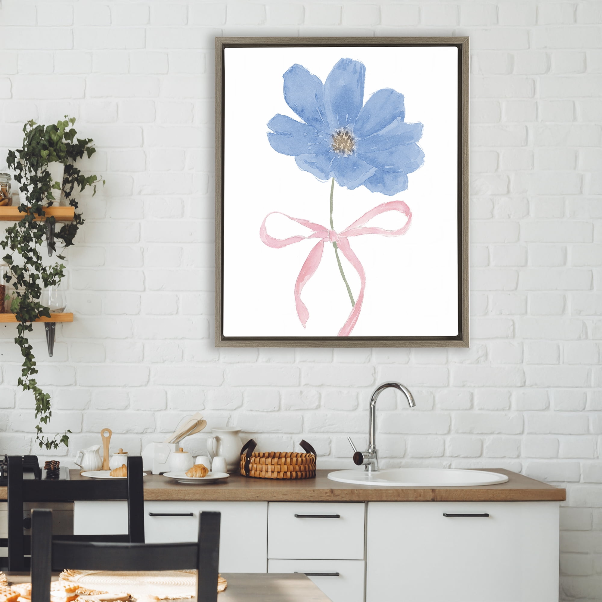Stupell Industries Blue Bow Bloom Brown Framed Floater Canvas Wall Art, design by Lucille Price