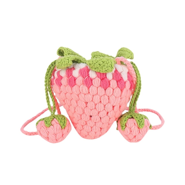 Bolso de hombro de punto, bolso cloche de crochet, precioso bolso decorativo con forma de fresa Rosa