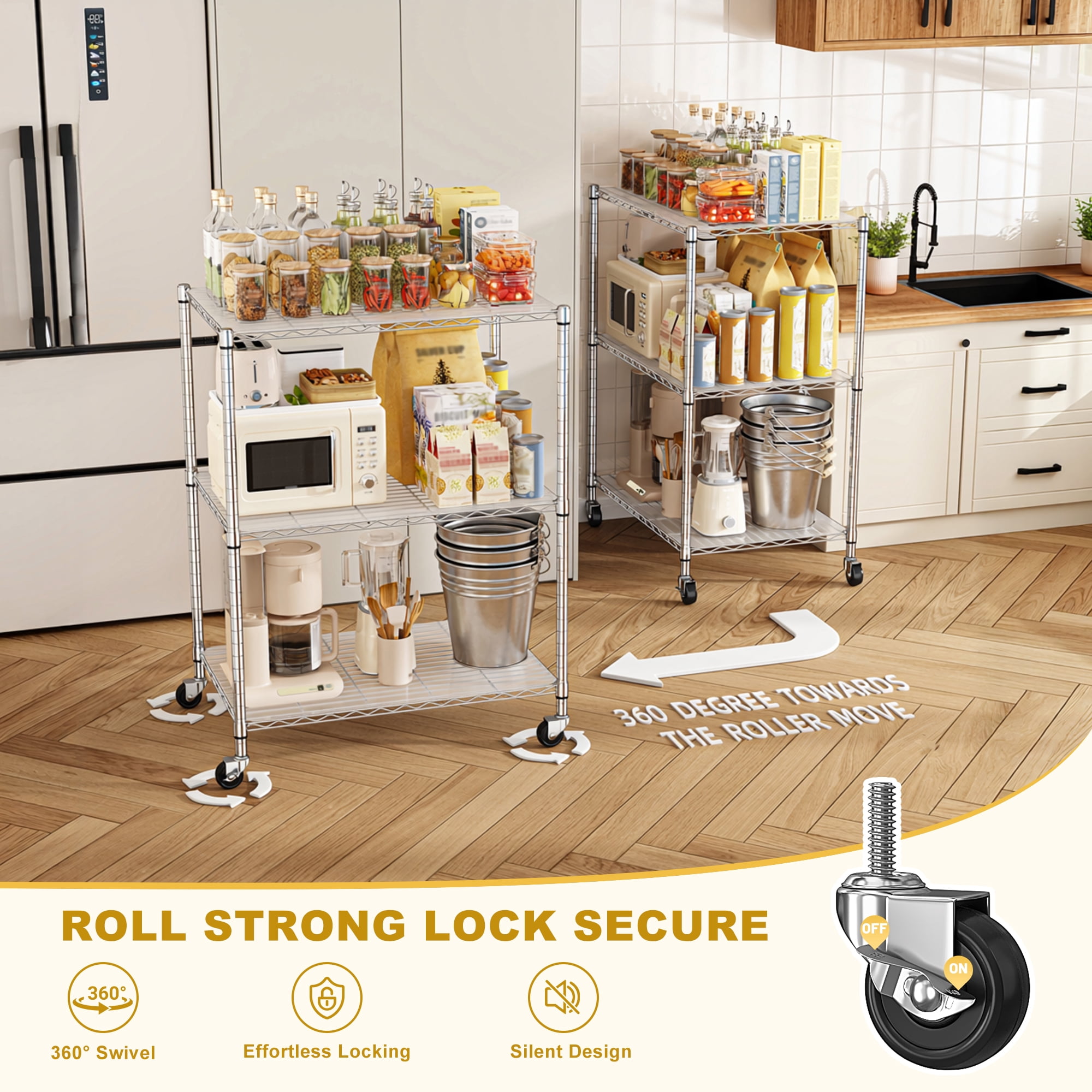 REIBII 3-Tier Wire Shelving Unit with Wheels,36"Wx18"D Heavy Duty Storage Rack,Adjustable Utility Organizer for Garage,Laundry,Pantry,300 lbs Per Shelf Chrome