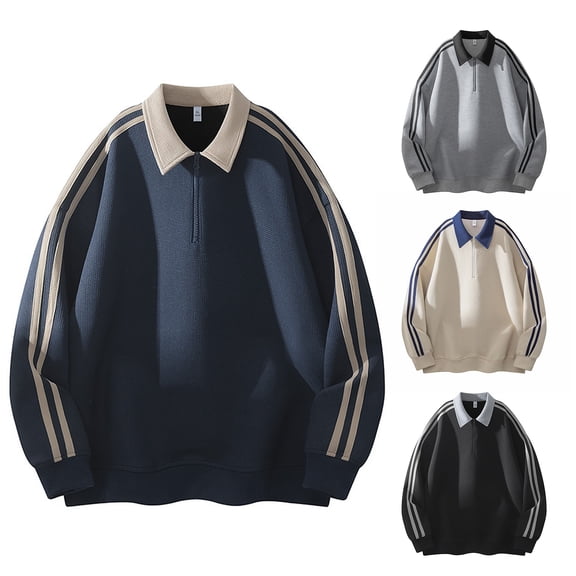 Stripe Splicing Design Lapel Sweater, Loose Casual Jacket Retro Fashion Sweatshirt for Street Style, Weekend Wear and Urban Fashion,Black,L