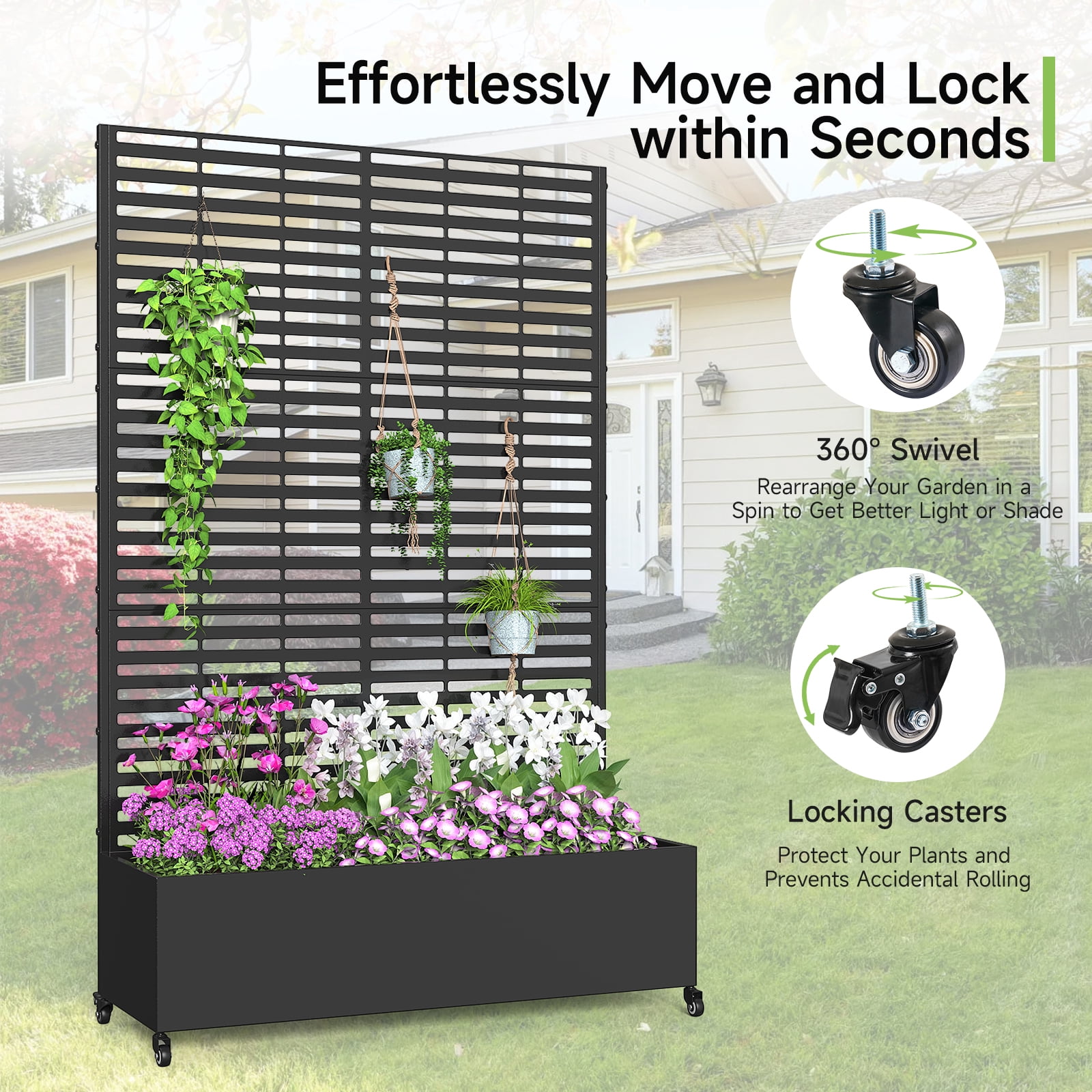 Dovov Raised Garden Bed with Trellis, Outdoor Metal Planter with Drainage Hole, Rolling Trellis Planter Box for Climbing Plants, 47"W x 73"H, Black