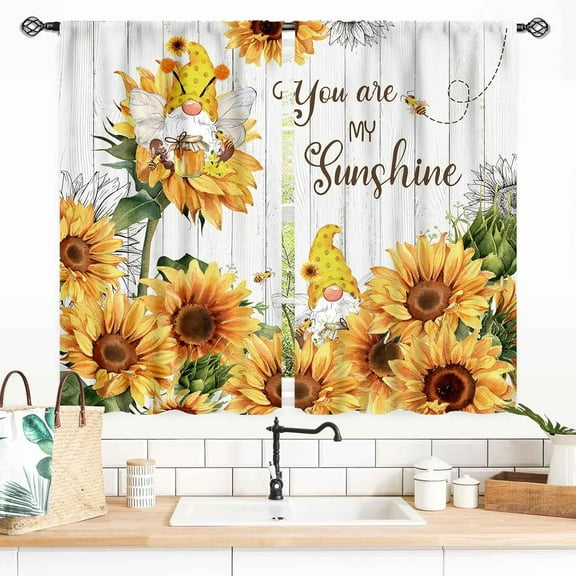 Sunflower Curtains for Kitchen, Rusitc Country Gnome Yellow Flowers on Wooden Printed Farmhouse Style Rod Pocket Bedroom Living Room Small Short Window Curtains 2 Panels, 55x39 Inch