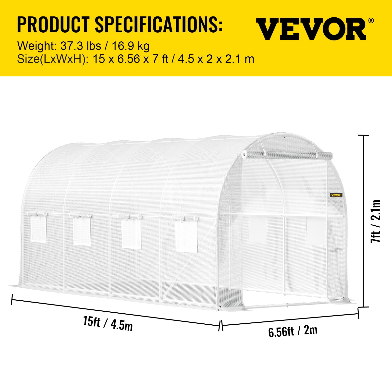 VEVOR 15 x 6.5 x 7 ft Walk-in Tunnel Greenhouse, Portable Plant Hot House with Galvanized Steel Hoops