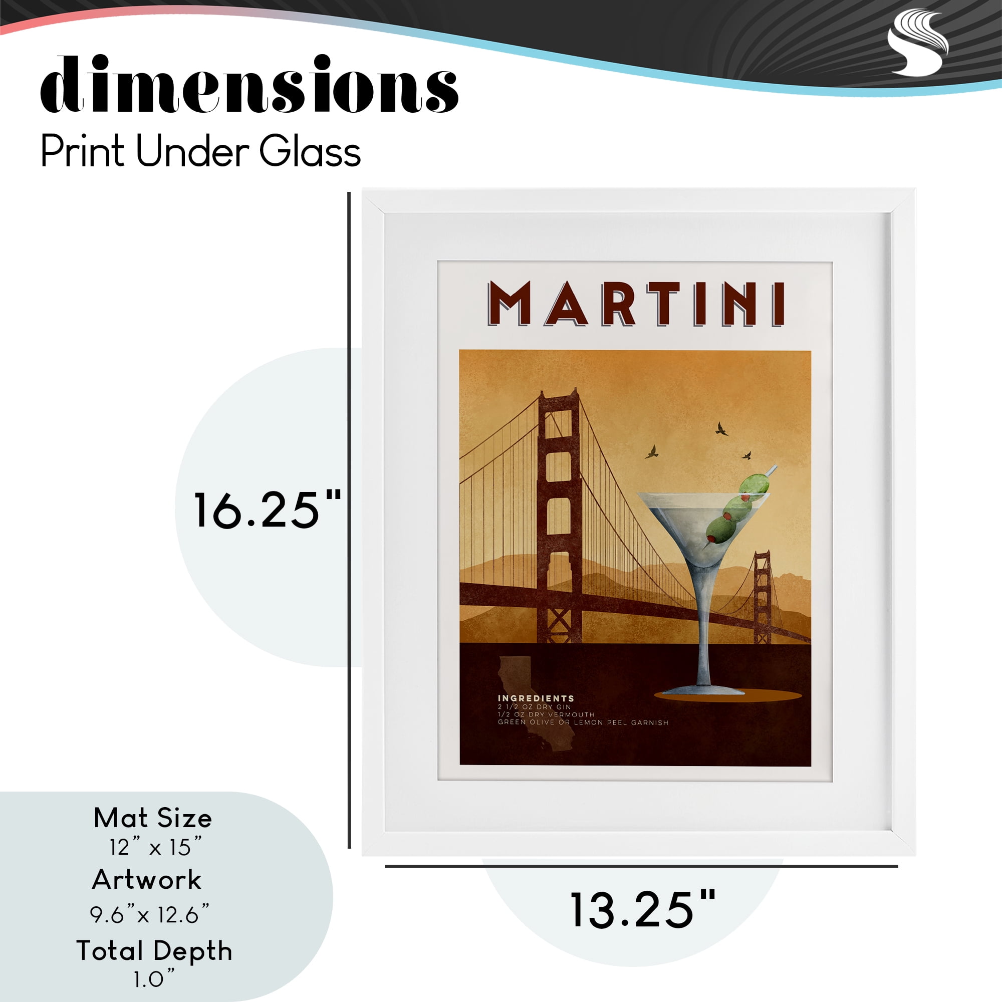 Retro Martini & Bridge View White Framed Print Under Glass, design by Brett Blumenthal