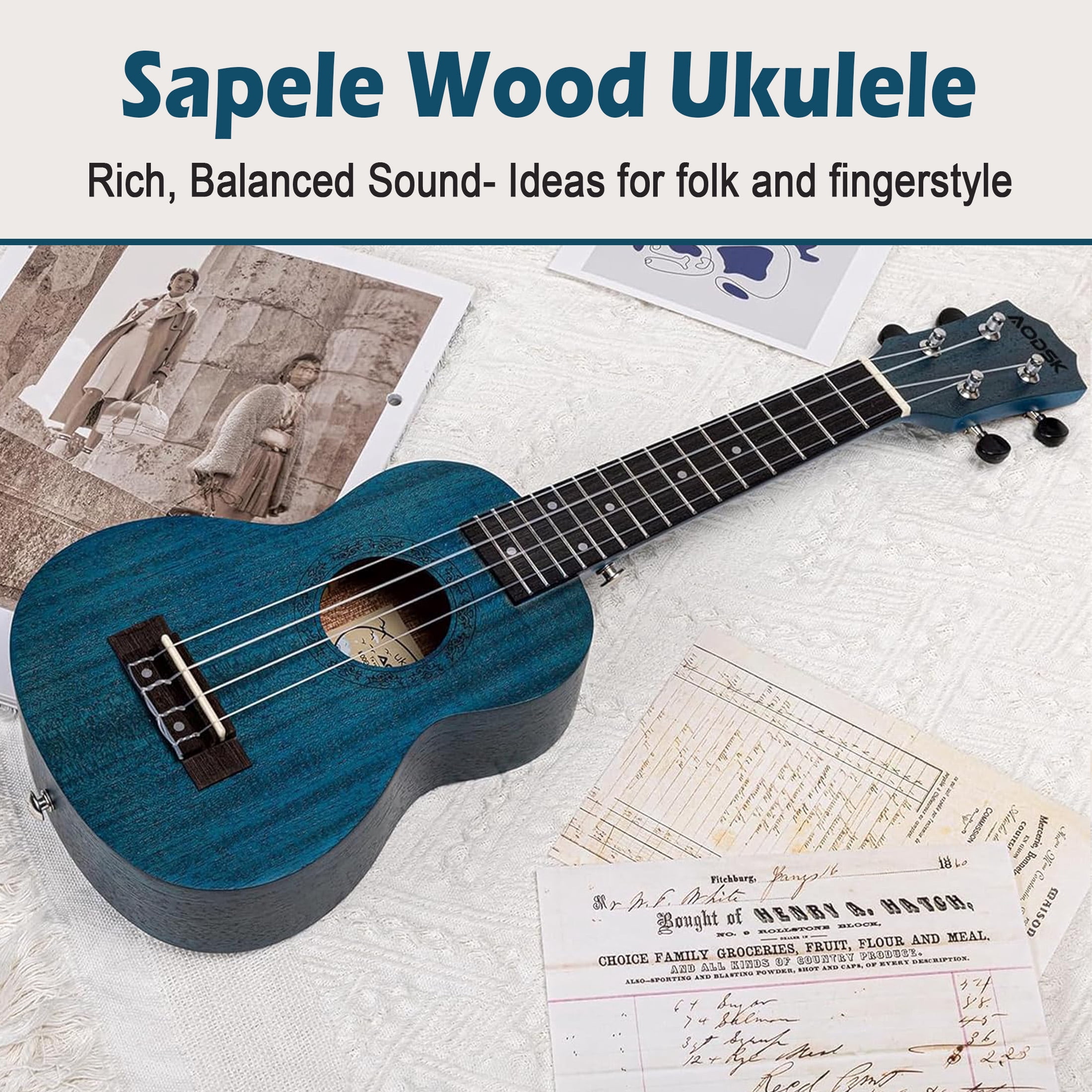 AODSK 23" Concert Ukulele Kit with Gig Bag, Strap, Extra Strings, Picks, Online Lesson, Ukelele Adult Beginner Series AUC-P06