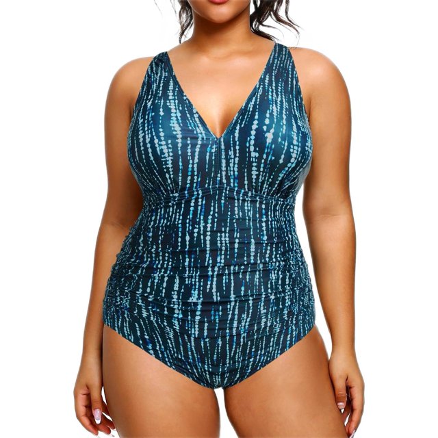 GHSDFBB Women Plus Size One Piece Swimsuits V Neck Tummy Control Bathing Suits Retro Ruched Swimwear