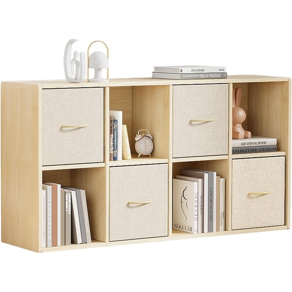 8 Cube Storage Organizer - Solid Wood Bookshelf with 4 Bins, Shelf 2 Removable Back Panels, Vertical or Horizontal Bookcase, Open Book for Bedroom, Living Room, Office
