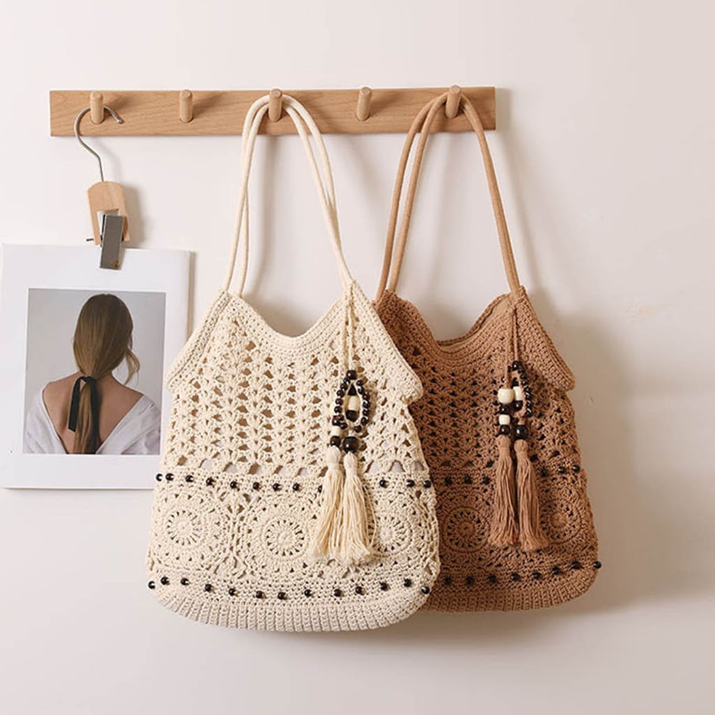 Bohemian Crochet Shoulder Bag for Women Handbag Summer Beach Bag with Tassels