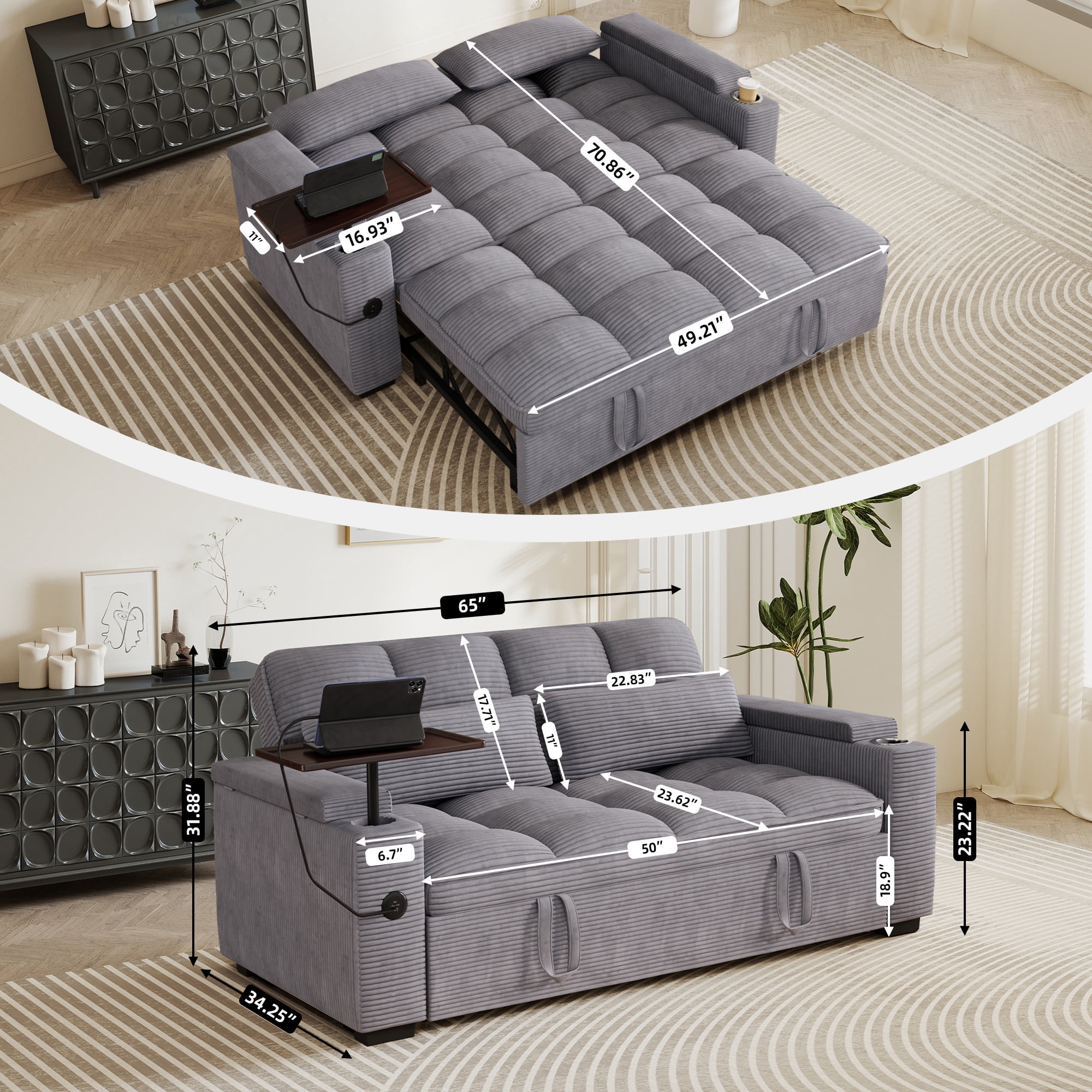 Aukfa 65"W Convertible Sofa Bed with Storage, 3-in-1 Corduroy Queen Sleeper Sofa Couch with 360° Swivel Side Table & USB /Type-C Ports,Gray