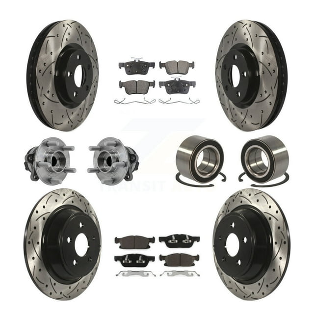 Transit Auto Front Rear Hub Bearing Assembly Coated Disc Brake Rotor and Ceramic Pad Kit (10Pc) for Car 2015 Ford Edge FWD with 316mm Diameter Left Right Side (Driver Passenger) KBB-127874